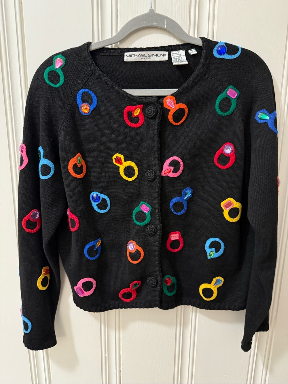 Michael Simon Black Knit Cardigan sweater Ring Appliqués small jewels - Picture 8 of 10
